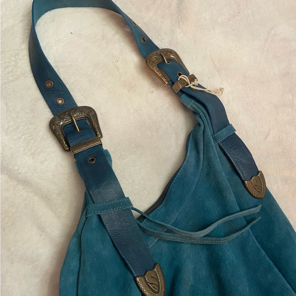 New! Free People westbound suede tote hobo bag carryall blue nwot - Picture 10 of 13